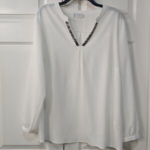 NWOT Creation L Semi Sheer White Blouse Metallic Neckline Size 12